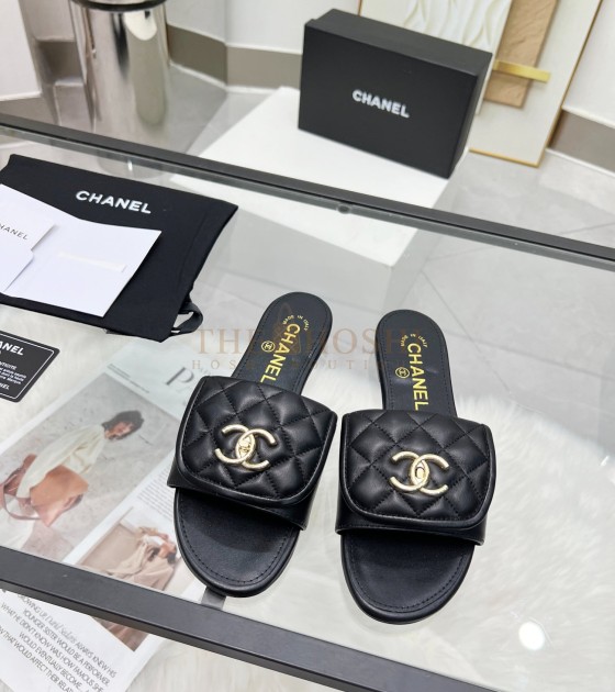 Ch**el Logo Slides Sandals Black Leather Sole 35-43