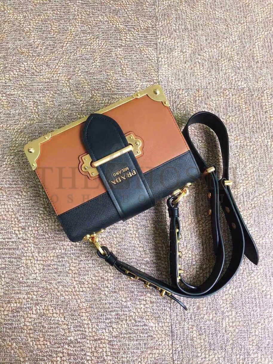 Pra*a Cahier Shoulder Bag In Brown/Black Leather Master Quality