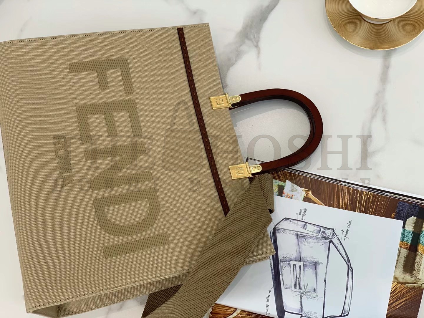 F**di Sunshine Medium Tote Bag In Beige Canvas Master Quality
