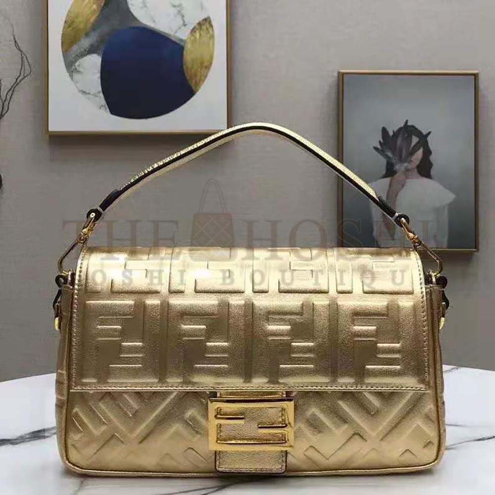 F**di Women Baguette F**di Prints On Leather Bag-Gold Master Quality