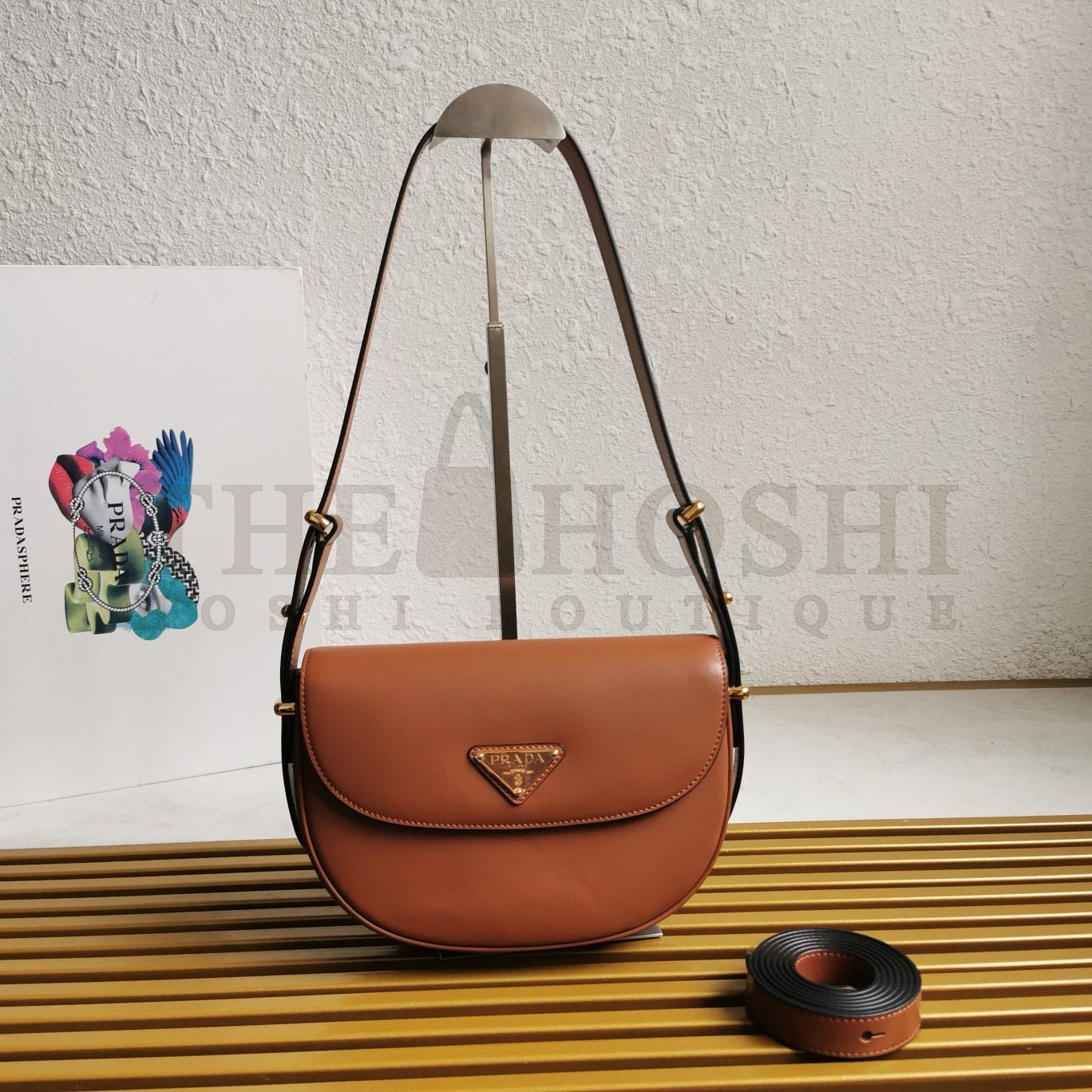 Pra*a Arque Shoulder Bag with Flap in Brown Leather Master Quality