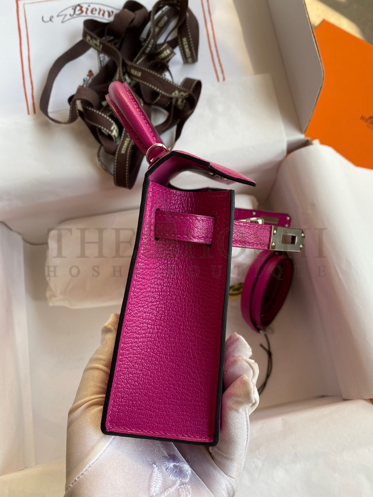 H**me5 Kelly Mini II Sellier Handmade Bag In Rose Purple Chevre Mysore Leather Master Quality