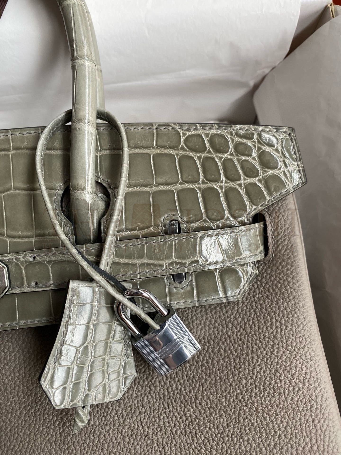 H**me5 Touch Birkin 30 Bag In Gris Asphalt Clemence and Shiny Niloticus Crocodile Skin Master Quality
