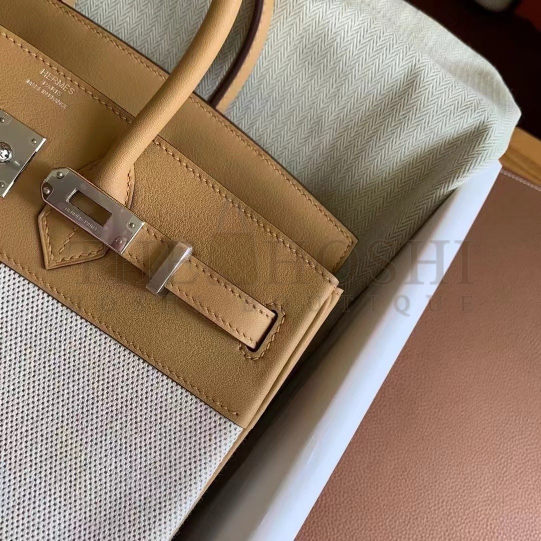 H**me5 Birkin 25 Handmade Bag In Toile & Biscuit Swift Leather Master Quality