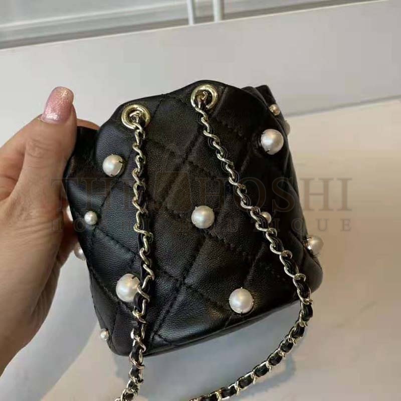 Ch**el Women Mini Drawstring Bag Lambskin Imitation Pearls & Gold-Tone Metal Black Master Quality