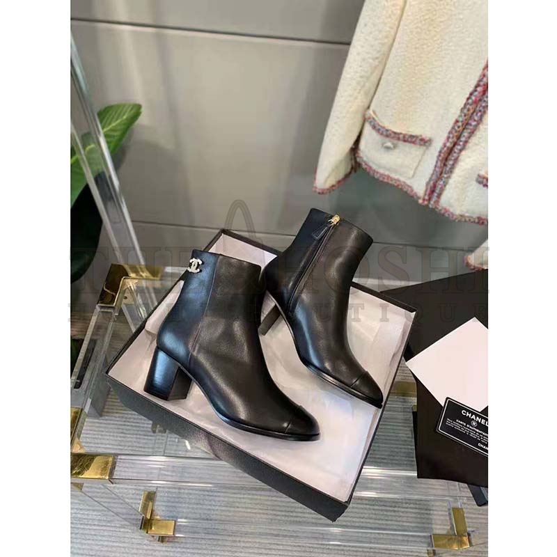 Ch**el Women Ankle Boots Calfskin Black 6.5 cm 2.6 in Heel Master Quality