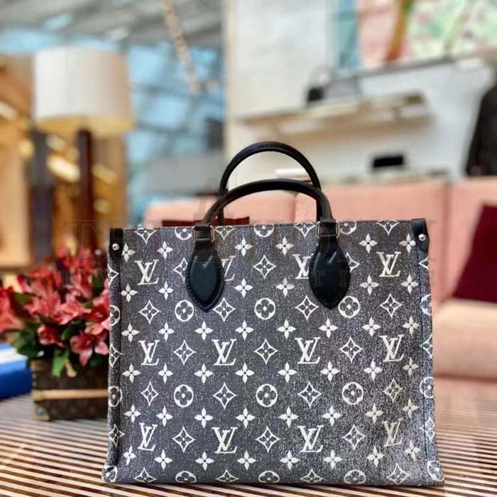 L0vis Vvtt0n LV Women OnTheGo MM Tote Gray Denim Textile Jacquard Master Quality