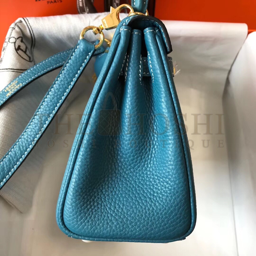 H**me5 Mini Kelly 20cm Bag In Blue Jean Clemence Leather Master Quality