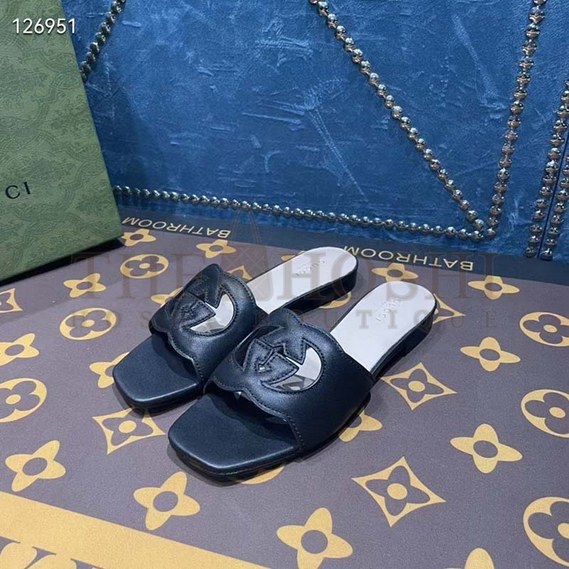 Gvc*1 Unisex Interlocking G Slide Sandals Black Leather Cut-Out Flat Master Quality