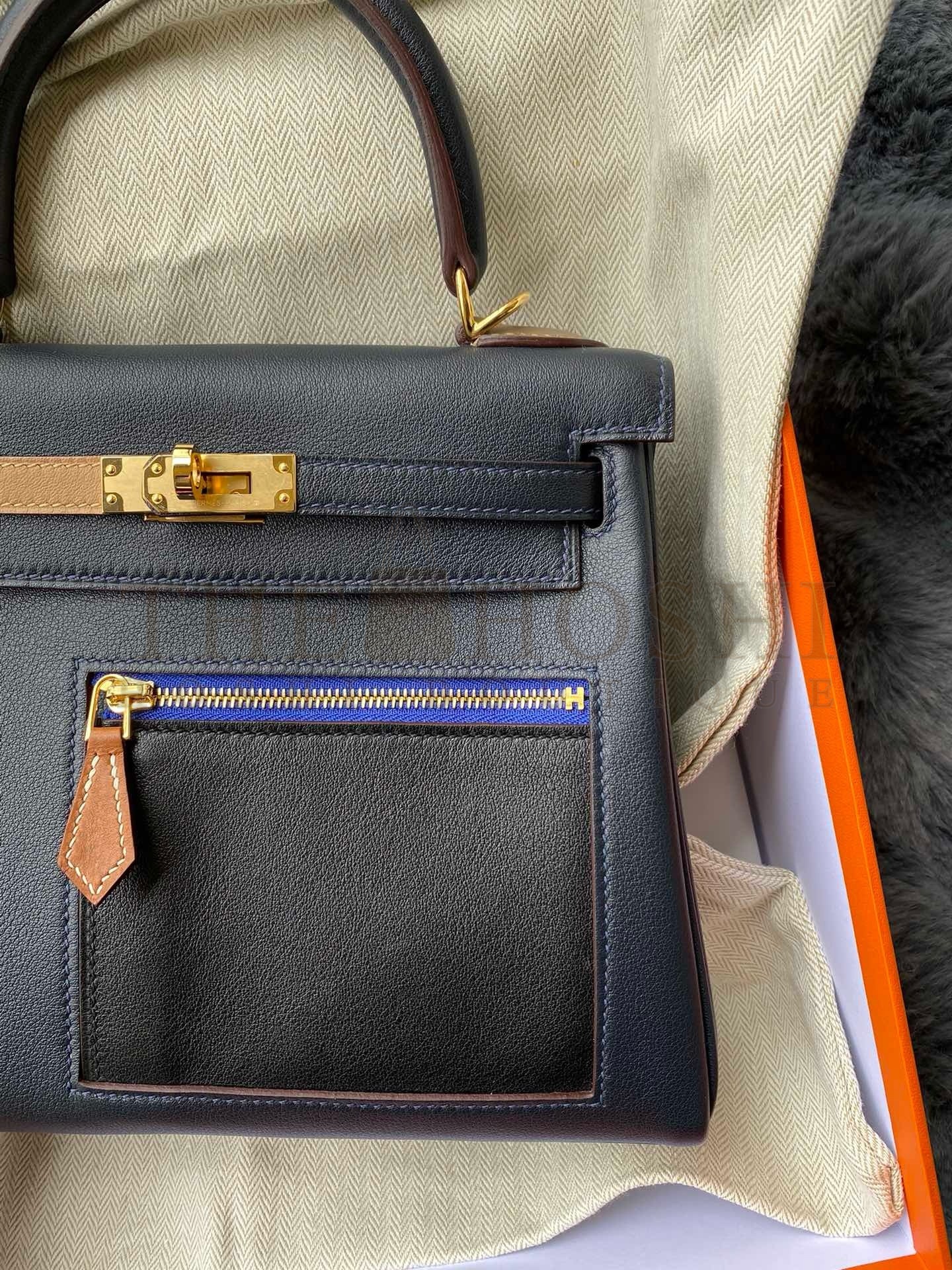 H**me5 Kelly Colormatic 25 Handmade Bag in Blue Nuit Swift Leather Master Quality
