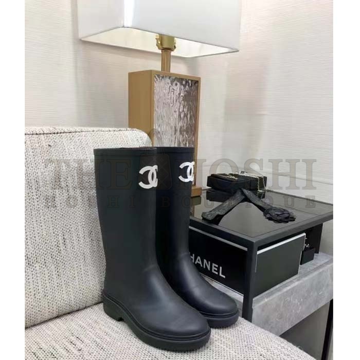 Ch**el Women CC High Boots Caoutchouc Leather Black Master Quality