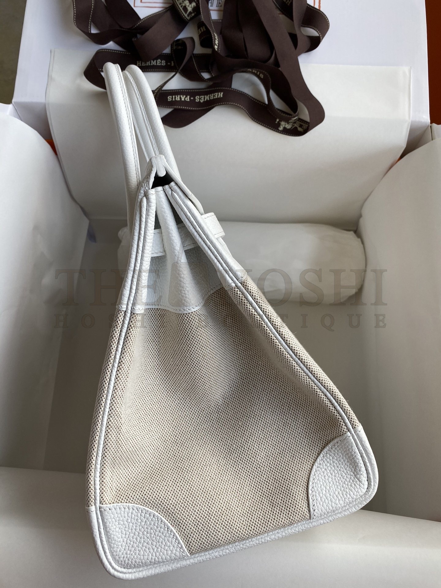 H**me5 Birkin 35 Handmade Bag In Toile &amp; White Clemence Leather Master Quality