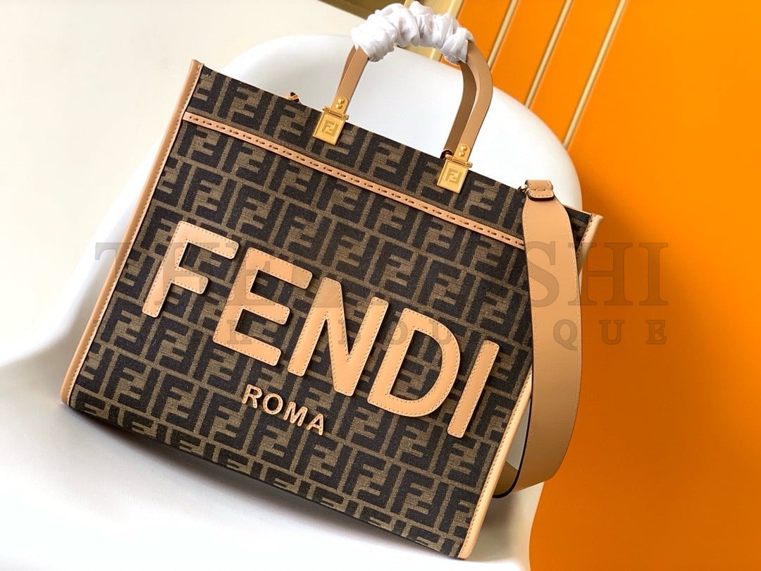 F**di Sunshine Medium Tote Bag in Brown FF Jacquard Fabric Master Quality