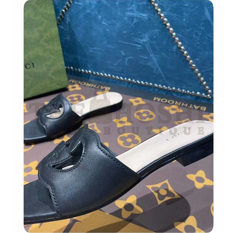 Gvc*1 Unisex Interlocking G Slide Sandals Black Leather Cut-Out Flat Master Quality