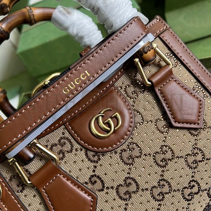 Gvc*1 Women Diana Mini Tote Bag Camel Ebony GG Canvas Crystals Double G Master Quality