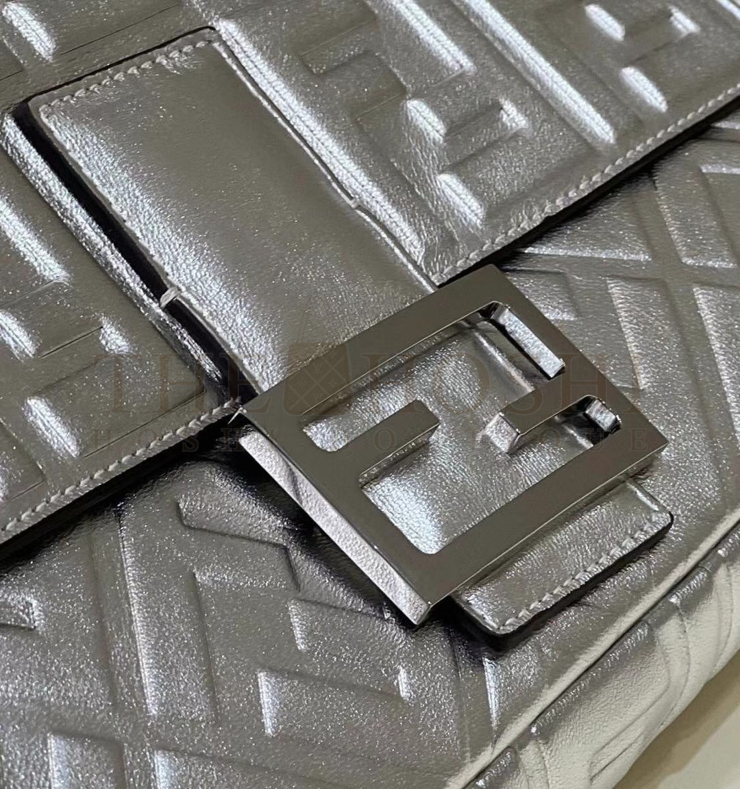 F**di Large Baguette Bag In Silver FF Metallic Leather Master Quality
