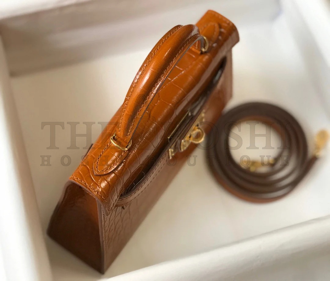 H**me5 Kelly Mini II Sellier Bag In Gold Crocodile Embossed Leather Master Quality