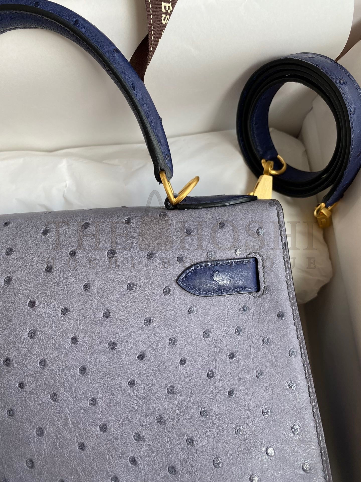 H**me5 Kelly Sellier 25 Bicolor Bag in Gris Agate and Blue Ostrich Leather Master Quality