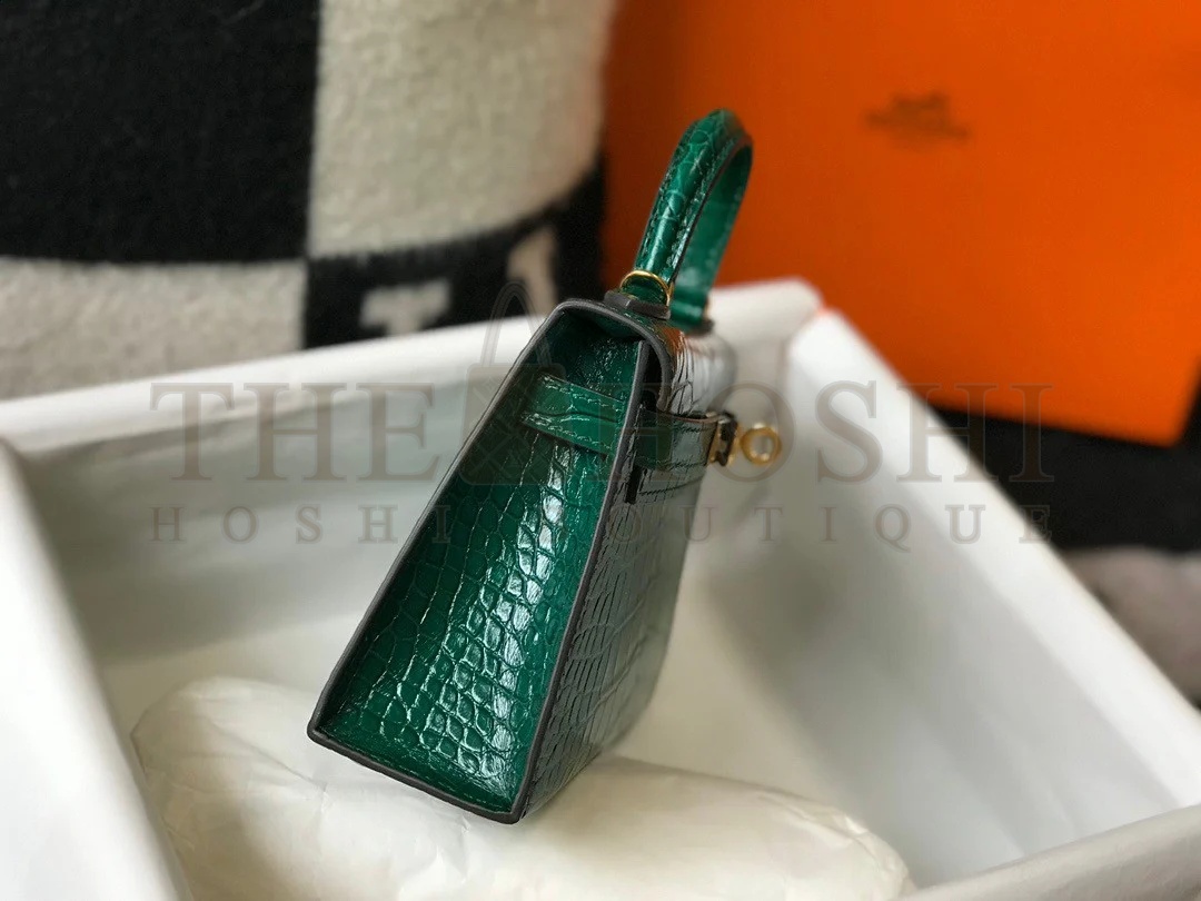 H**me5 Kelly Mini II Sellier Bag In Green Crocodile Embossed Leather Master Quality