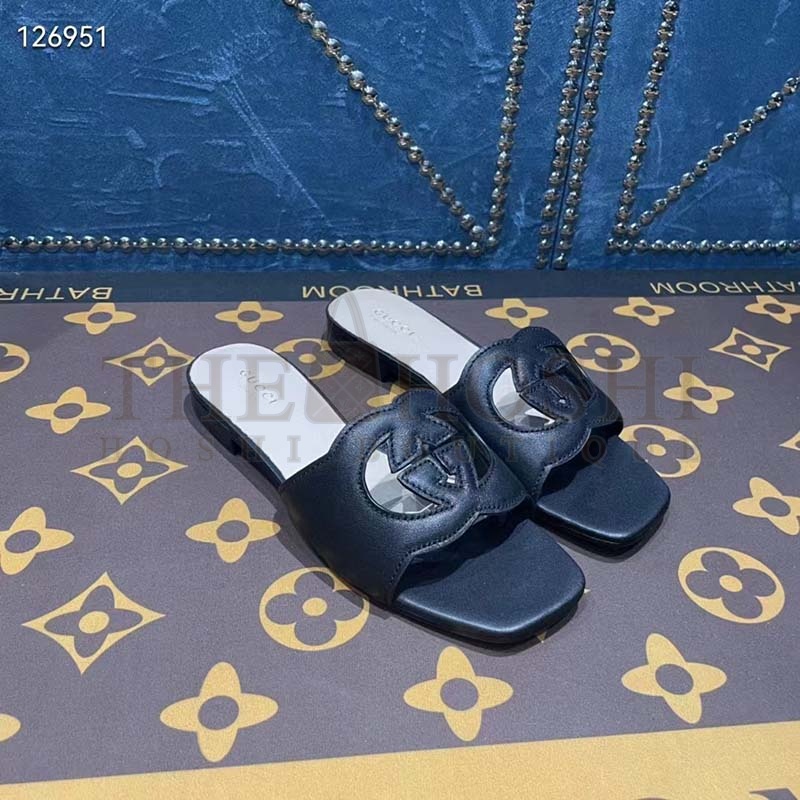 Gvc*1 Unisex Interlocking G Slide Sandals Black Leather Cut-Out Flat Master Quality