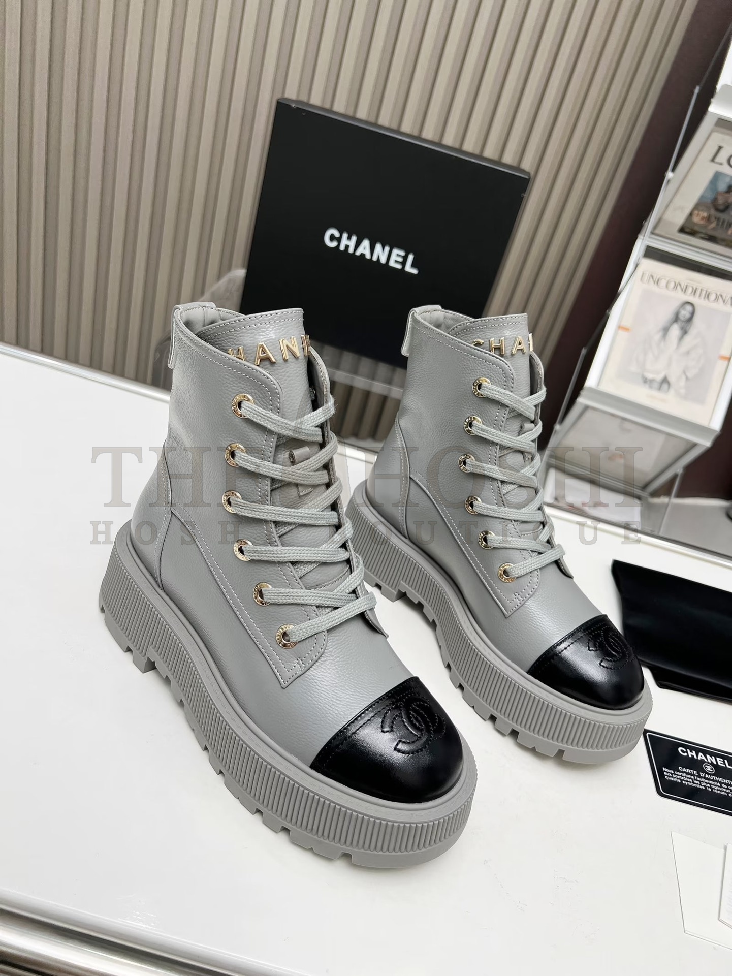 Ch**el Shiny Lambskin Quilted Lace Up Combat Boots Master Quality