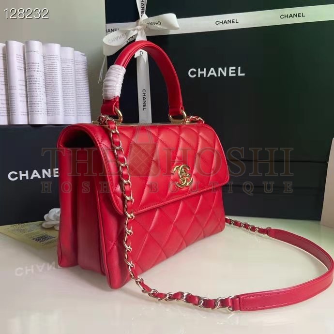 Ch**el Women Flap Bag Top Handle Smooth Calfskin Gold-Tone Metal Red Master Quality