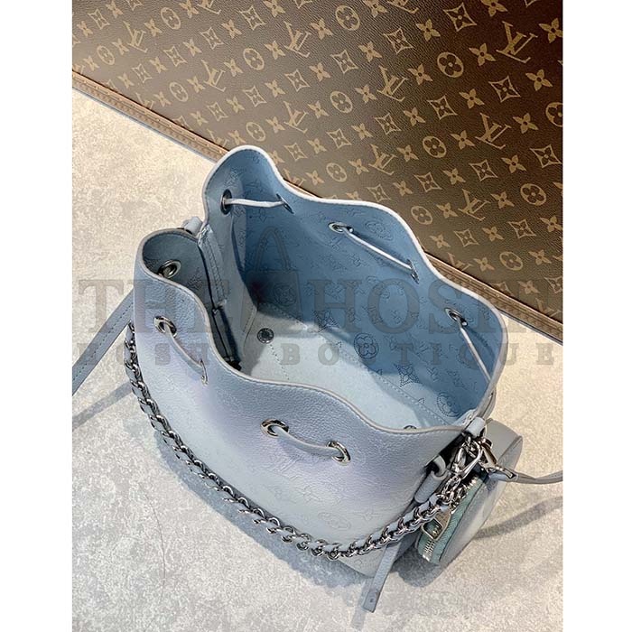 L0vis Vvtt0n LV Women Bella Bucket Bag Olympe Blue Perforated Mahina Calf Leather Master Quality