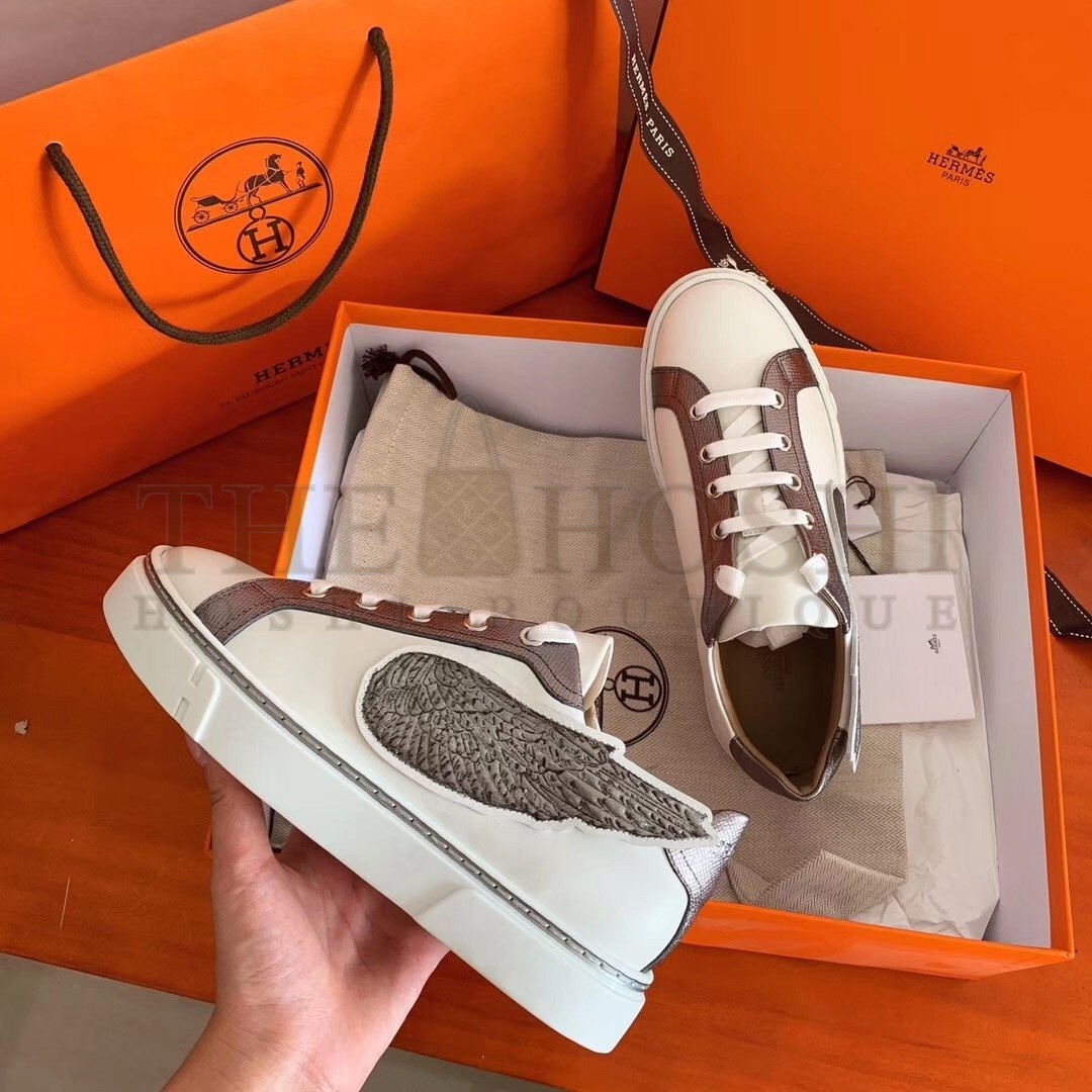 H**me5 Velvet Sneakers In Blanc Calfskin With Printed Wing Patch Master Quality