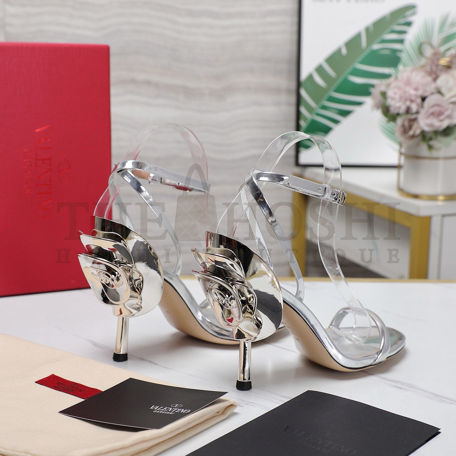 Va1e*ntin0 Roserouche Sandals 1990 100mm in Silver Calfskin Master Quality