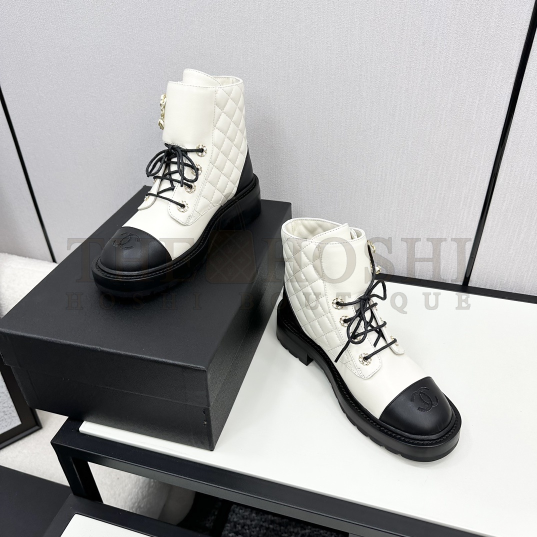 Ch**el Shiny Lambskin Quilted Lace Up Combat Boots Master Quality