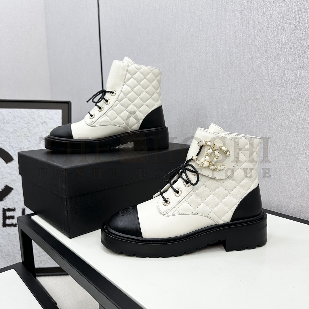 Ch**el Shiny Lambskin Quilted Lace Up Combat Boots Master Quality