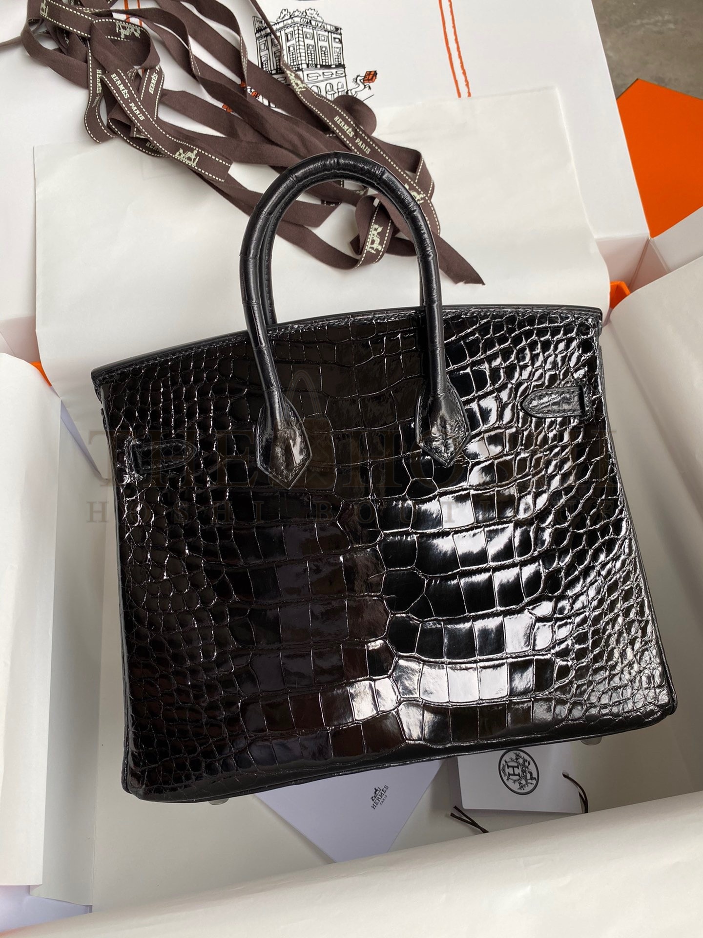 H**me5 Birkin 25 Retourne Handmade Bag In Black Shiny Alligator Leather Master Quality