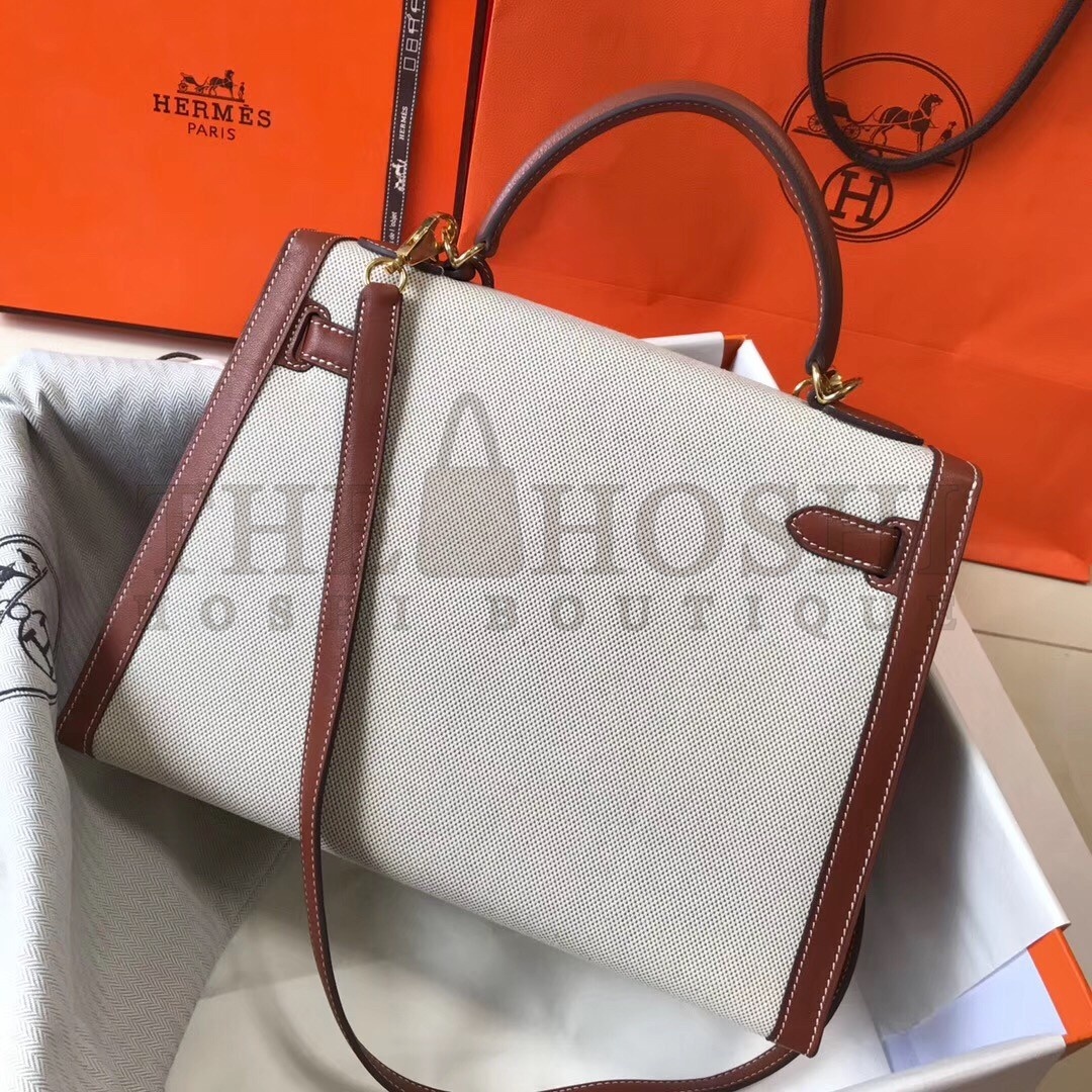 H**me5 Kelly 32cm Sellier Bag In Canvas With Barenia Leather Master Quality
