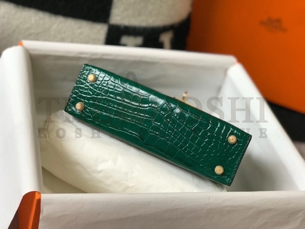 H**me5 Kelly Mini II Bag In Green Embossed Crocodile Calfskin Master Quality