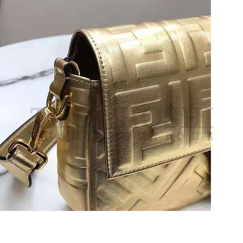 F**di Women Baguette F**di Prints On Leather Bag-Gold Master Quality