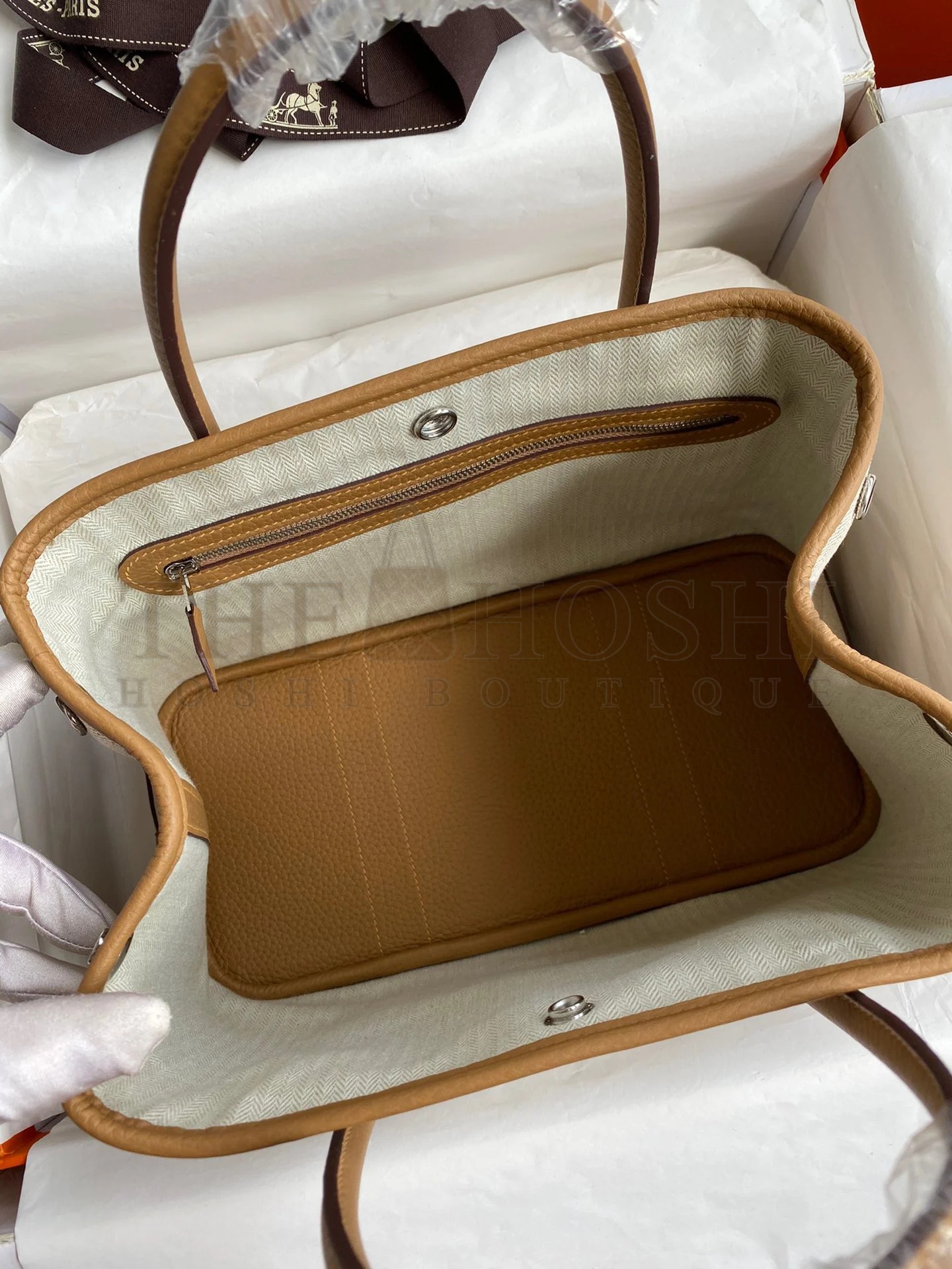 H**me5 Garden Party 30 Handmade Bag in Toile and Biscuit Leather Master Quality