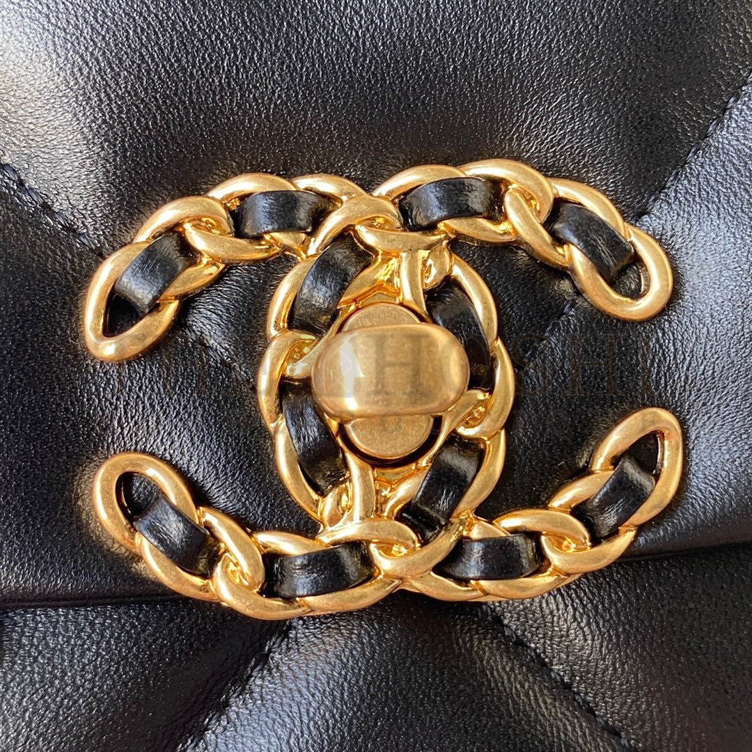 Ch**el Women 19 Flap Bag Lambskin Gold Silver-Tone Ruthenium-Finish Metal Black Master Quality