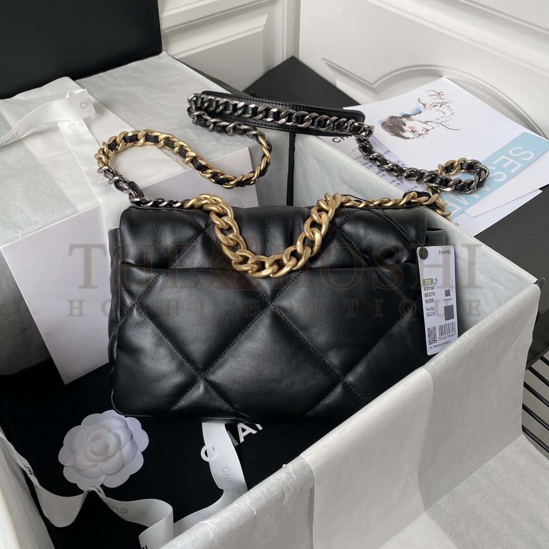 Ch**el Women 19 Flap Bag Lambskin Gold Silver-Tone Ruthenium-Finish Metal Black Master Quality