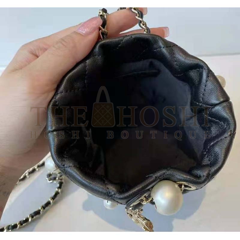 Ch**el Women Mini Drawstring Bag Lambskin Imitation Pearls & Gold-Tone Metal Black Master Quality