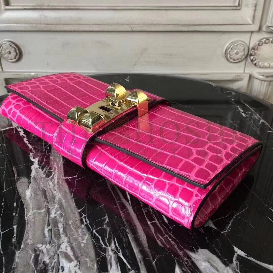 H**me5 Medor Clutch Bag In Rose Red Crocodile Leather Master Quality