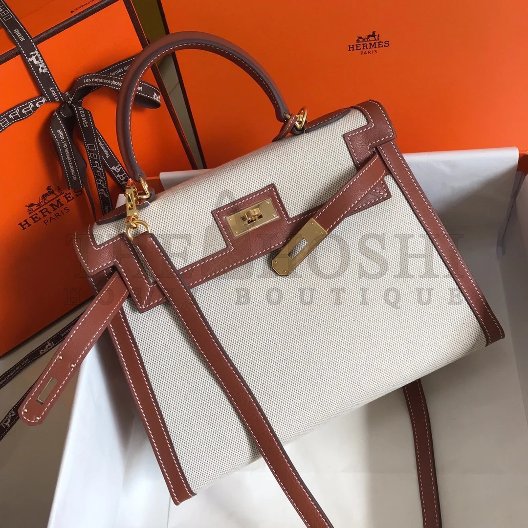 H**me5 Kelly 28cm Bag In Canvas With Barenia Leather Master Quality