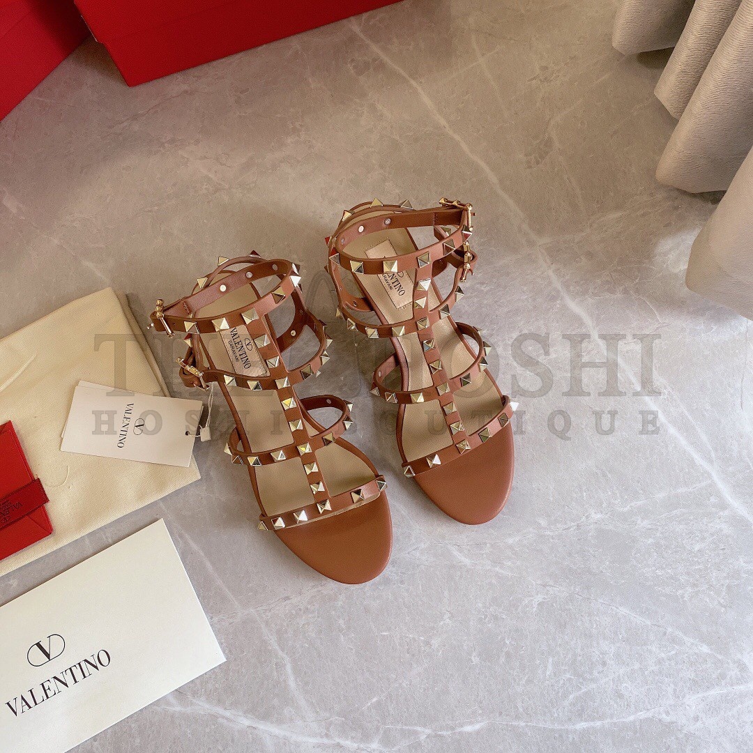Va1e*ntin0 Rockstud Ankle Strap Sandals 60mm In Brown Calfskin Master Quality
