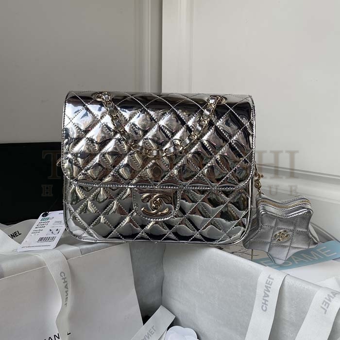Ch**el Women CC Flap Bag Star Coin Purse Mirror Calfskin Metallic Calfskin Gold-Tone Metal Silver Master Quality