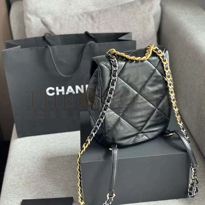Ch**el Women CC 19 Backpack Shiny Lambskin Gold Silver-Tone Black Master Quality
