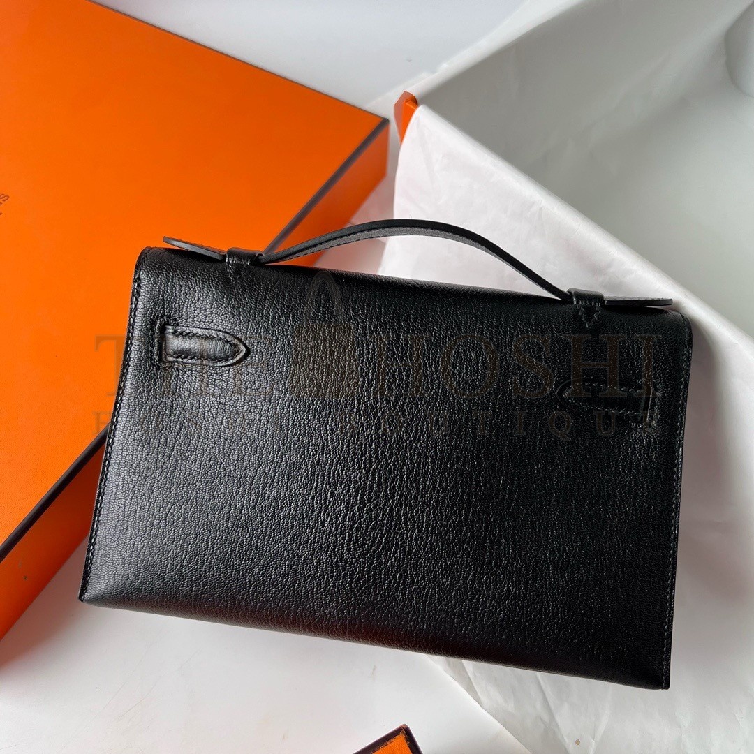 H**me5 Kelly Pochette Handmade Bag In Black Chevre Mysore Leather Master Quality
