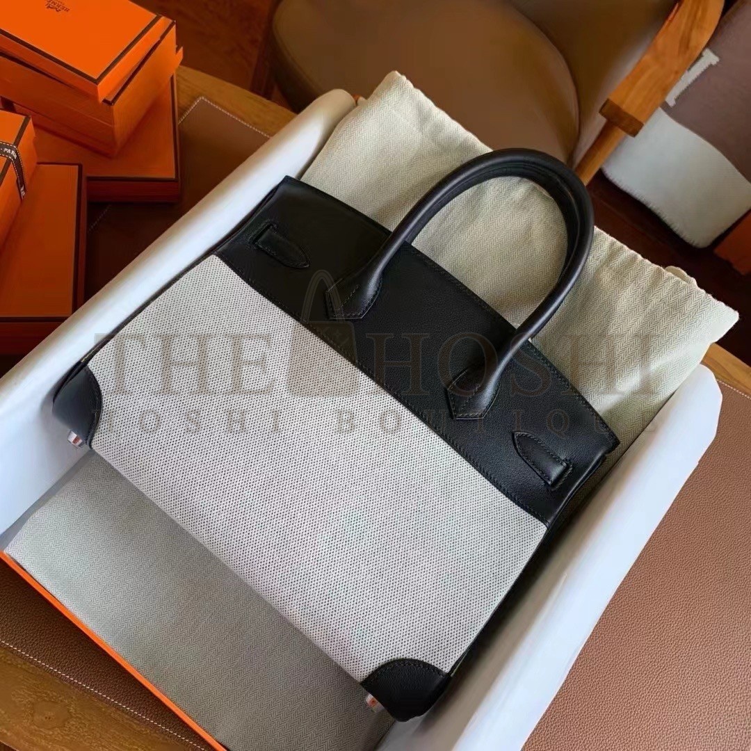 H**me5 Birkin 30 Handmade Bag In Toile & Black Swift Leather Master Quality
