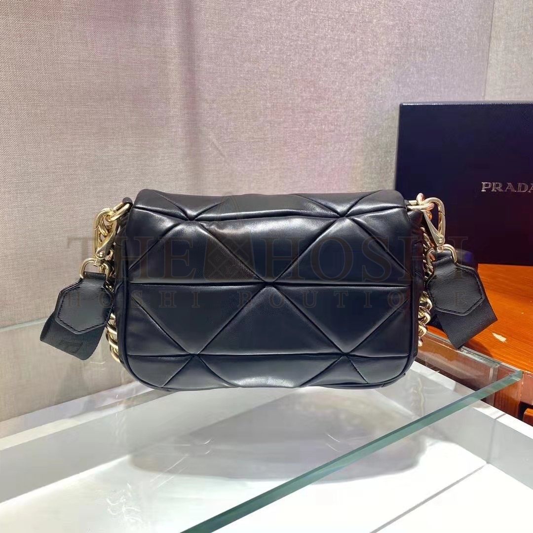 Pra*a Women Padded Leather Shoulder Bag Triangle-Stitched Padding-Black Master Quality