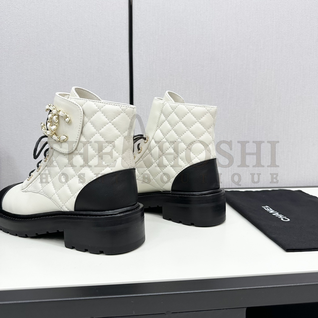 Ch**el Shiny Lambskin Quilted Lace Up Combat Boots Master Quality