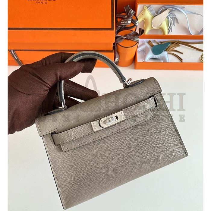 H**me5 Women Mini Kelly 20 Bag Epsom Leather Silver Hardware-Grey Master Quality