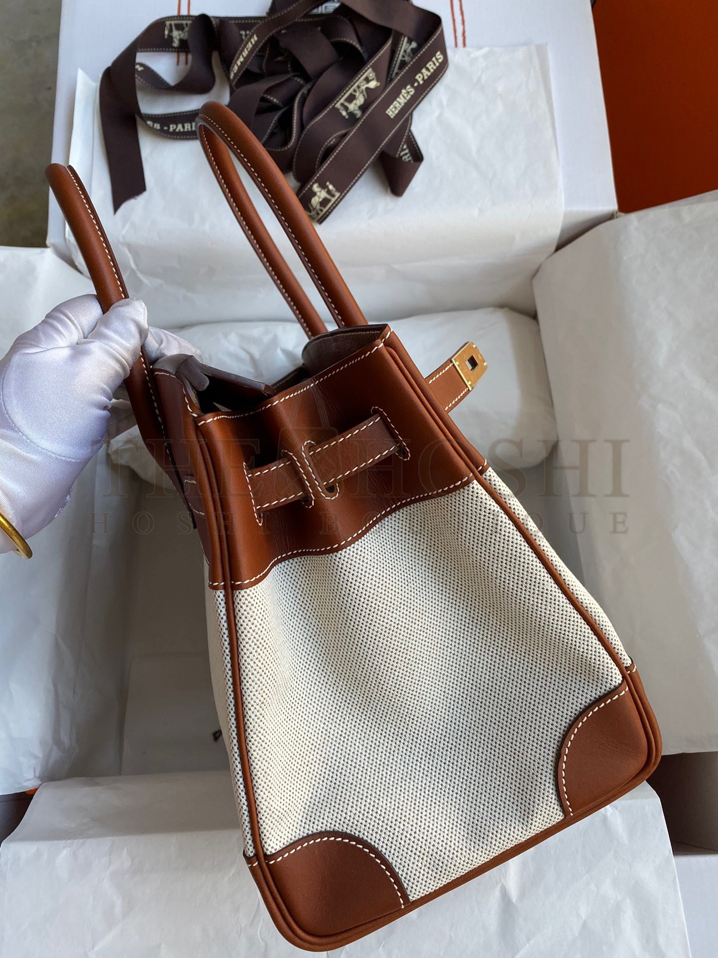 H**me5 Birkin 30 Handmade Bag In Toile & Gold Swift Leather Master Quality